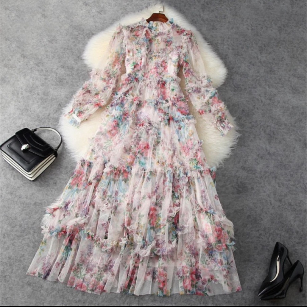 New! Maxi  Spring Elegant Floral Print Mesh Ruffles